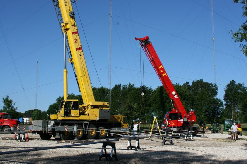 Setting up the crane to raise the 4 stack on 20M of OWA antennas