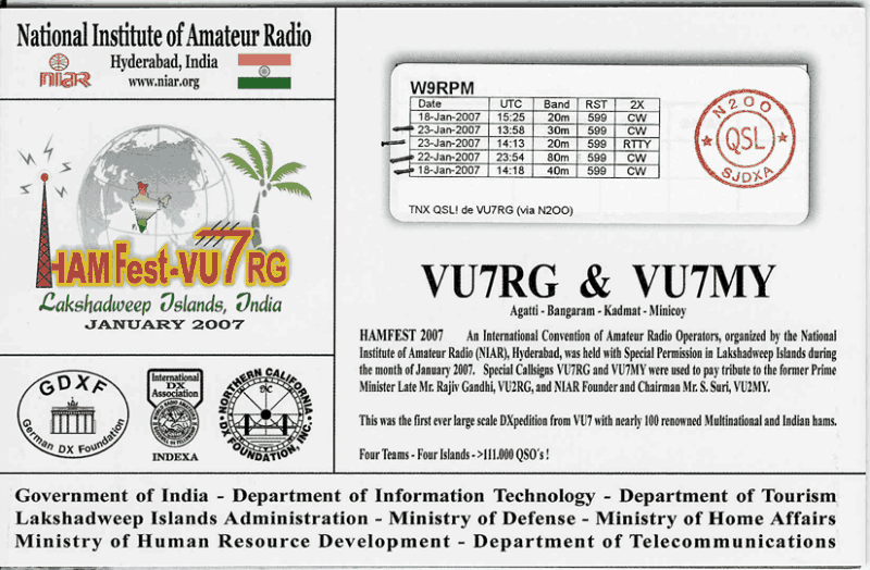 VU7RG - VU7MY QSL