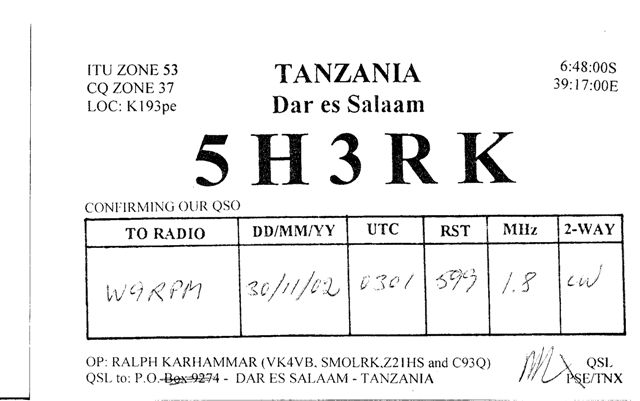 This QSL from 5H3RK gave me 40 zones on 160m