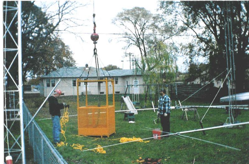 Antenna ready to go. Tower on right was used to tune antenna at 30FT.