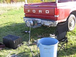 Picture of WØAIH's truck and 220v Winch mounted to towing receiver. (picture courtesy WA9HCZ)