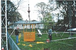 Antenna ready to go. Tower on right was used to tune antenna at 30FT.
